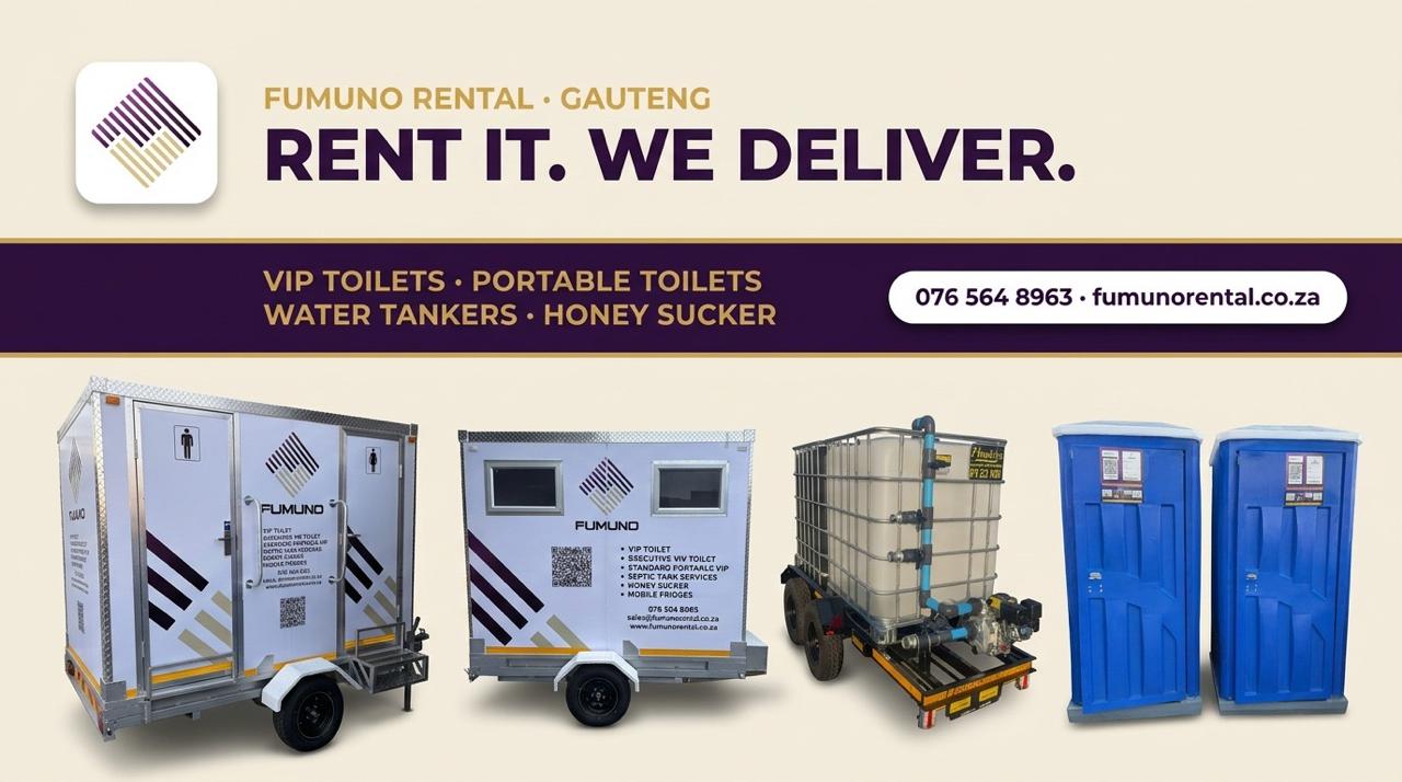 Fumuno Rental Gauteng banner — Rent It. We Deliver. — VIP toilets, portable toilets, water tankers and honey sucker services