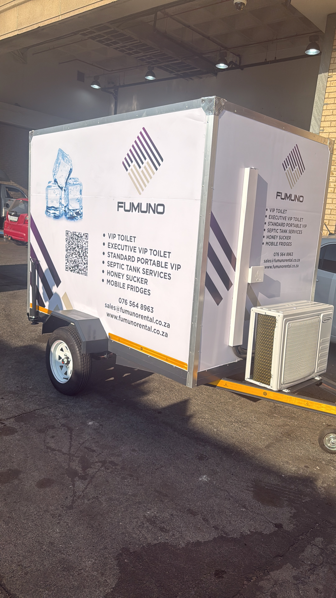Fumuno mobile fridge trailer with branded livery parked on site for an event in Gauteng