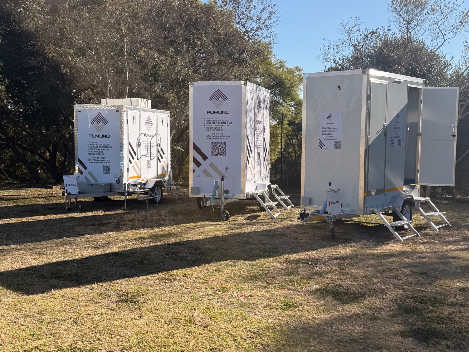 Three Fumuno VIP mobile toilet units set up on site for a corporate event in Gauteng, South Africa