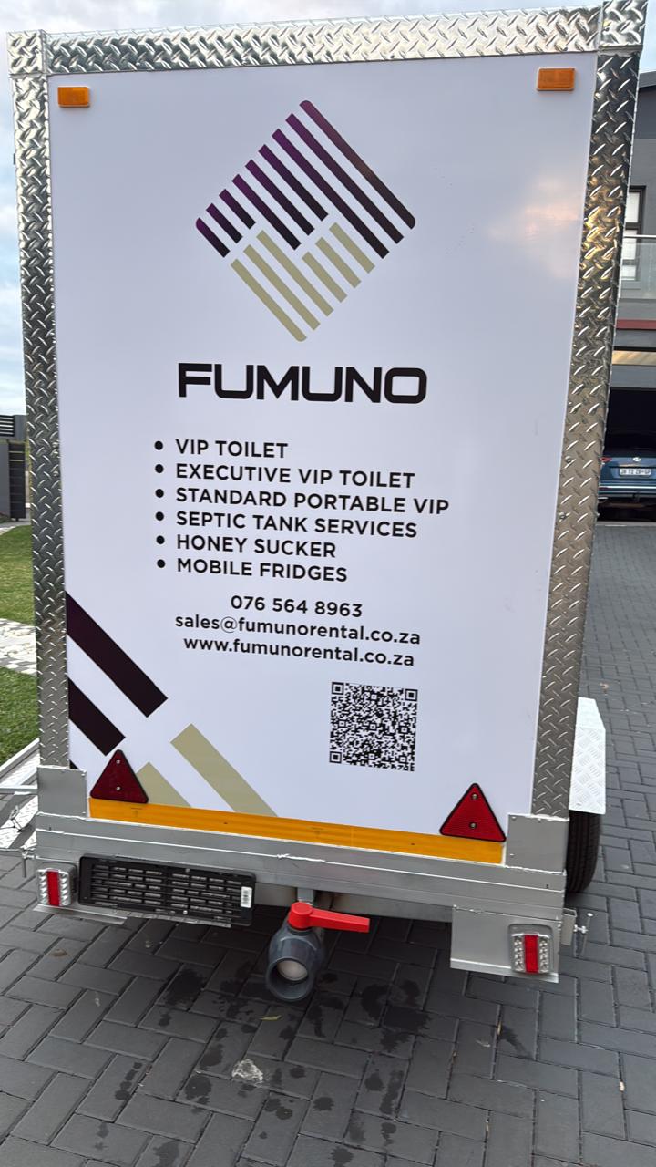 Rear of a Fumuno VIP mobile toilet trailer with full service list, contact number 076 564 8963 and QR code linking to fumunorental.co.za