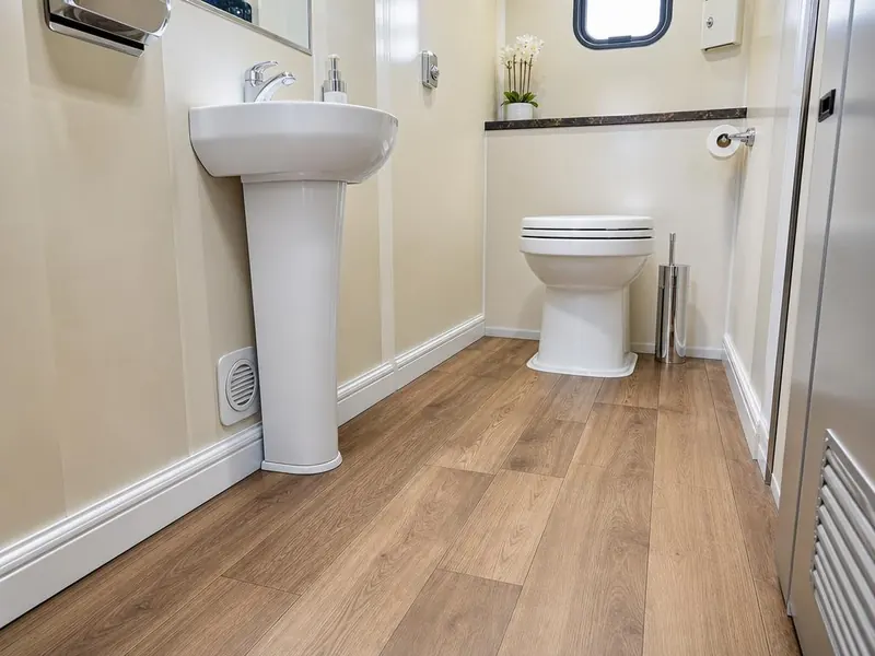 Fumuno VIP mobile toilet interior showing wood-look vinyl flooring, ceramic toilet, pedestal handwash basin and chrome fixtures — hygienic and easy to clean.