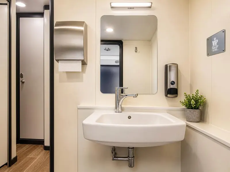 Fumuno VIP toilet handwash basin with chrome tap, mirror, soap dispenser and paper towel dispenser — clean, modern portable restroom interior for weddings and corporate events.