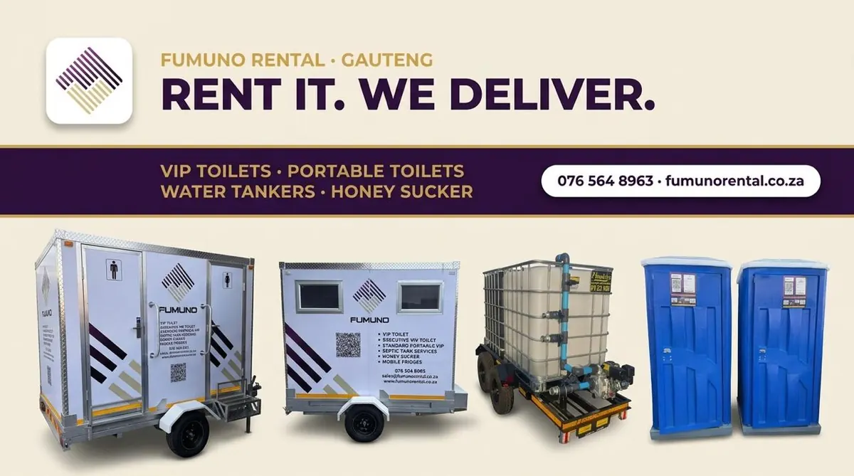 Fumuno Rental Gauteng banner — Rent It. We Deliver. — VIP toilets, portable toilets, water tankers and honey sucker services