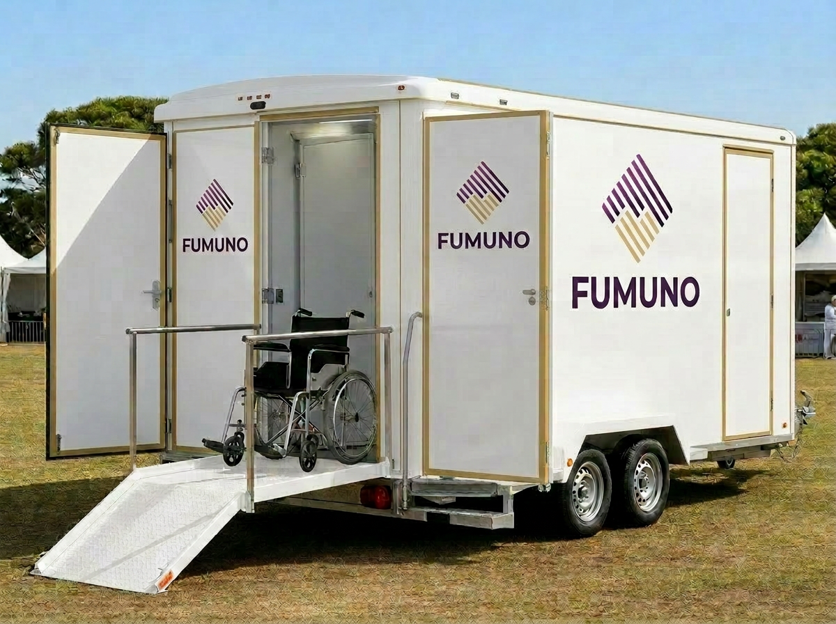 Fumuno branded accessible event toilet trailer with wheelchair ramp