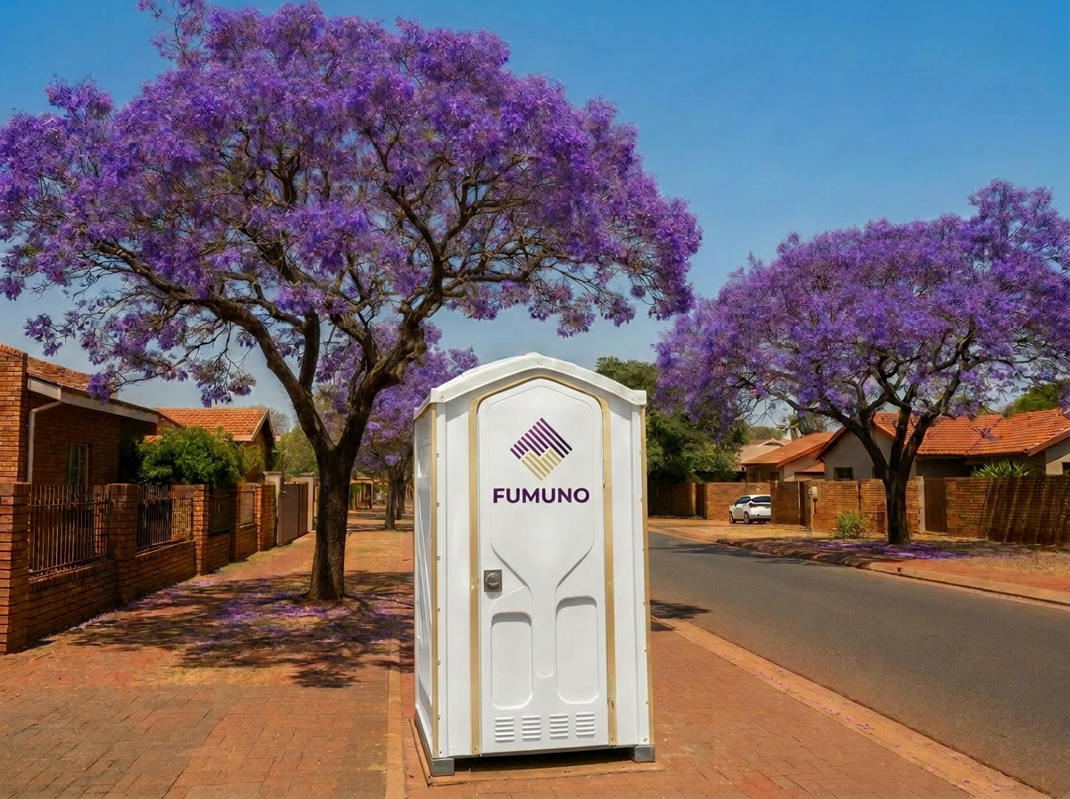 Fumuno branded white street toilet unit with gold wordmark