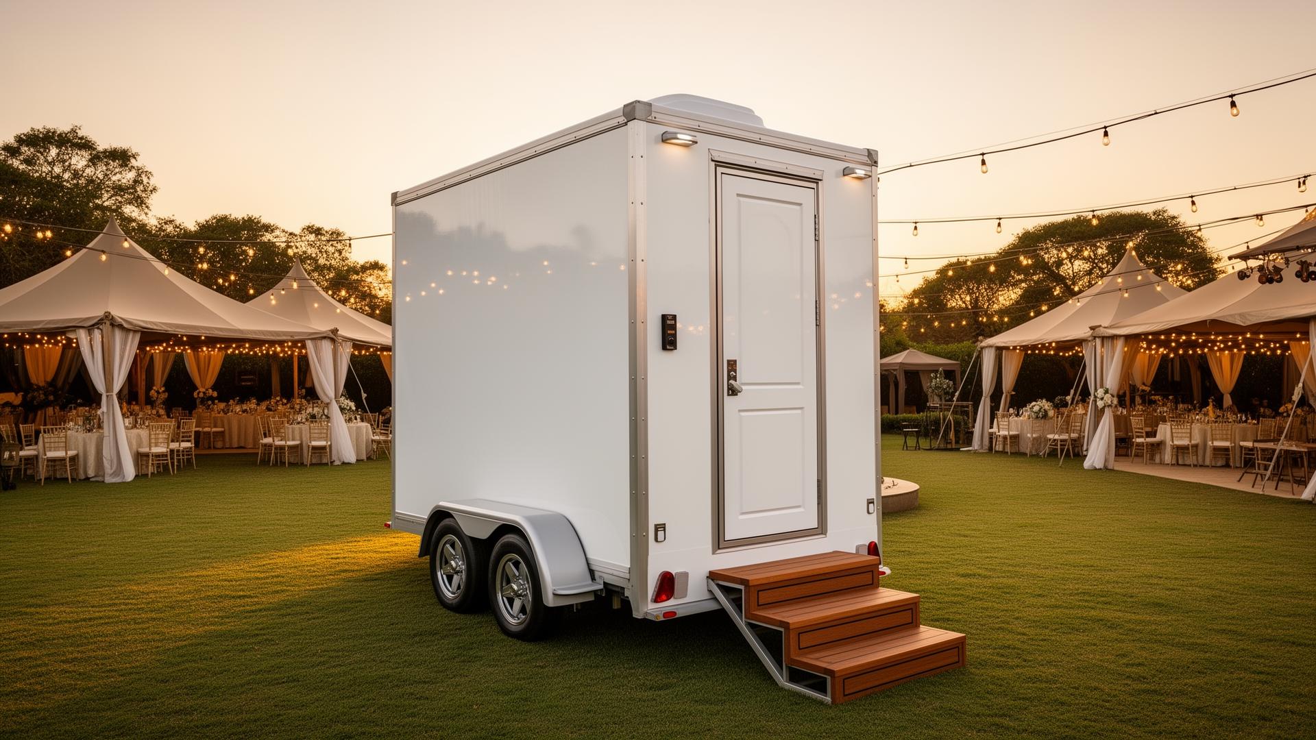Inside a VIP toilet hire trailer — porcelain flushing toilet and vanity